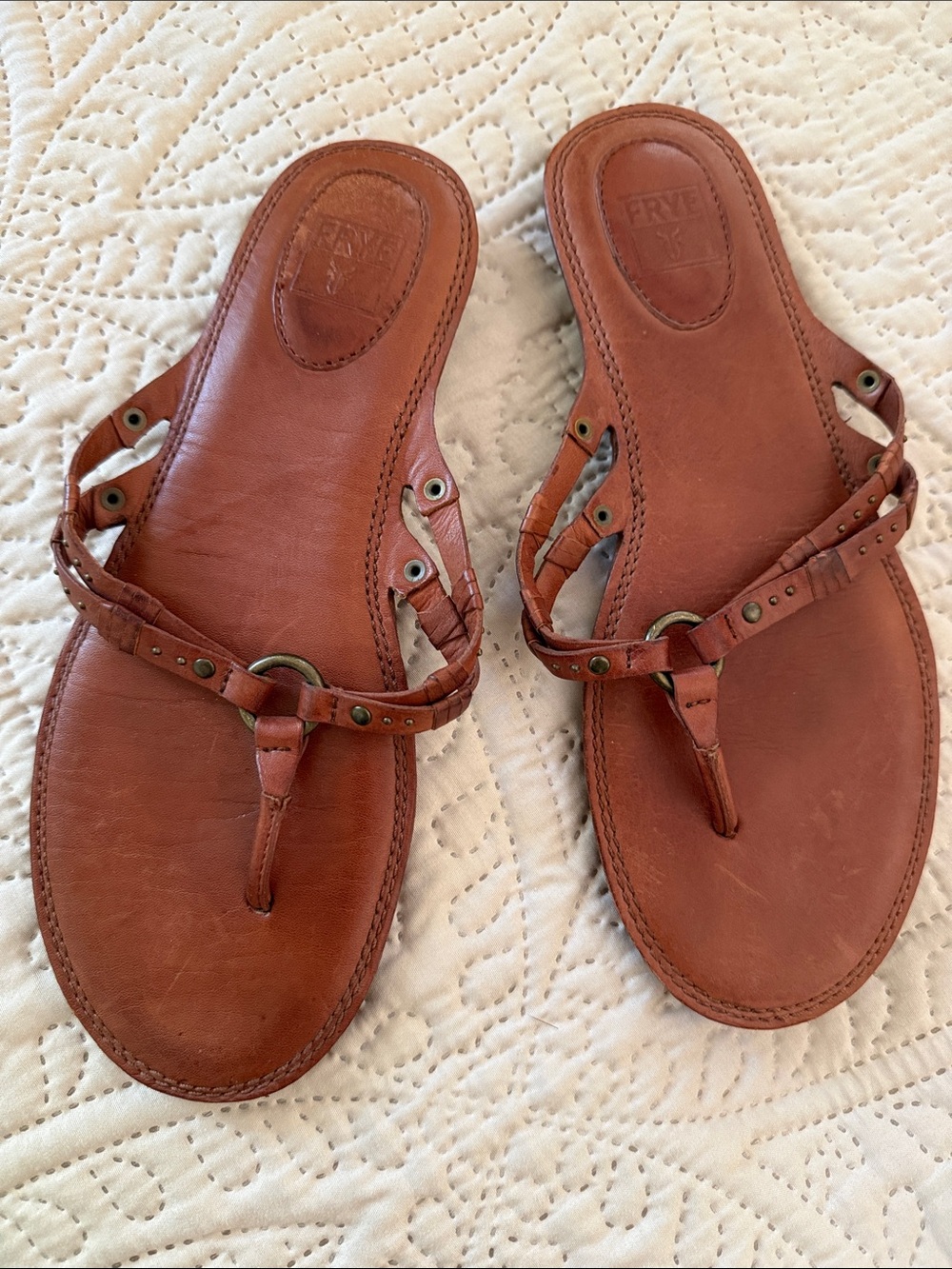 Frye Women's Tan Leather Studded Thong Sandals